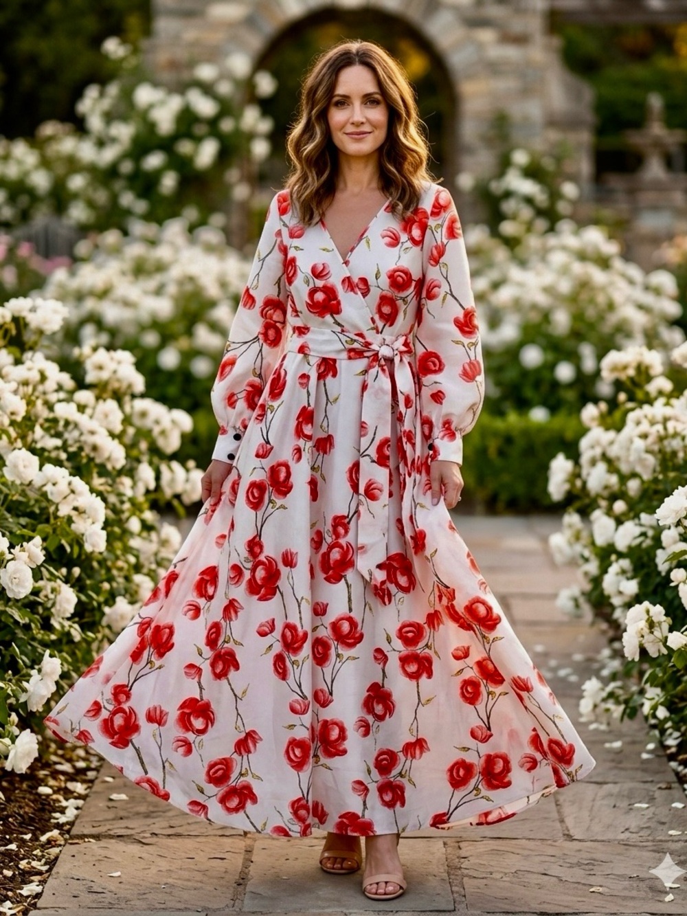 One Sweet Love White Floral Maxi Dress Red Rose Print Belted NWT Size L